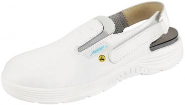 The shoe is white, has a closed front and an open heel. It has a non-slip sole and a sporty, comfortable fit, ideal for everyday use or work.