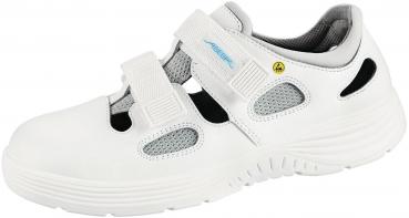 The shoe is white with gray and black details. It has a curved, non-slip sole, two Velcro straps, and breathable inserts. Ideal for comfort and support.