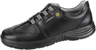 Der Schuh ist schwarz mit einem sportlichen Design. Er hat eine glatte Lederoberfläche, rutschfeste Sohle und elastische Schnürsenkel. Die Innenseite bietet guten Halt und Komfort.