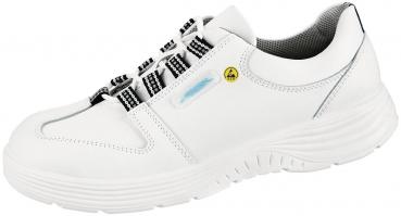 The shoe is a sporty, white sneaker with a padded collar. The laces are made of elastic material, and the sole is non-slip and slightly wavy.