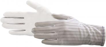 Das Bild zeigt einen weißen Handschuh mit feinen, grauen Streifen. Der Handschuh ist geöffnet und zeigt die Form einer Hand. Die Finger sind getrennt und gut sichtbar.