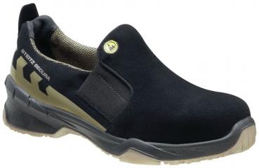 The image shows a black work shoe without laces. It features an elastic insert and a non-slip sole. Golden accents are visible on the sides, contributing to the design.