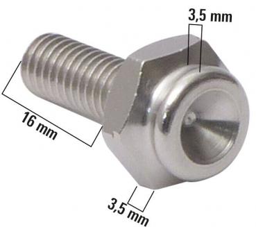 Das Bild zeigt eine silberne Schraube mit einem rundlichen Kopf. Der Schaft ist gewindet. Maße sind angegeben: Durchmesser 3,5 mm, Gesamtlänge 16 mm, Kopfgröße 3,5 mm.