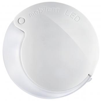 The image shows a round, flat LED lamp in white. At the top, the inscription "mobilent LED" is embossed. A small notch on the side suggests a mount.