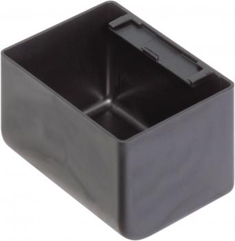 The image shows a square, black plastic box with no visible contents. It has an opening on the top, which is covered with a lid. The walls are smooth and sturdy.