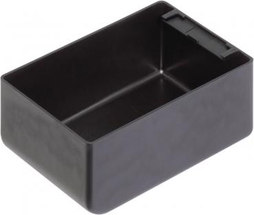 The image displays a rectangular container made of black plastic. It has smooth walls and an apparent flat top. One side features a small alteration or notch.
