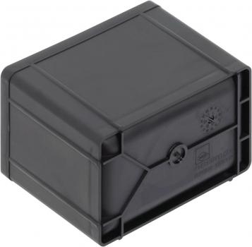 The image shows a rectangular, black plastic storage box. It has smooth sides and rounded corners, with a closed top and a simple design.
