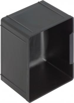 The image shows a black, rectangular plastic container. It has an open top and a smooth, grippable surface. The container is sturdy and has a recess on one side.