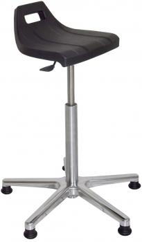 The image shows a black stool with an ergonomically shaped seat. It has an adjustable, silver foot and a stable, star-shaped base with casters.
