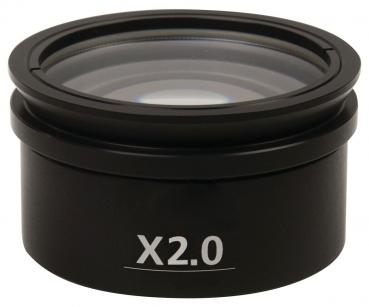 The image shows a black camera lens with a round lens and an inscription "X2.0" at the bottom. The lens has multiple layers that appear clear and shiny.