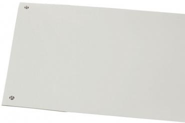 The image shows a rectangular, gray plate with rounded corners. It has two metal fittings in the upper corners, which might be used for mounting. The background is white.