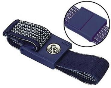 The image shows an elastic bracelet with a smooth, lockable buckle and a glittering surface. It has a small, round metal eyelet in the middle.