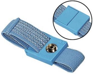 The image shows a blue, elastic bracelet with a sturdy plastic clasp. Next to it is an enlarged view of the clasp, which is easy to operate.