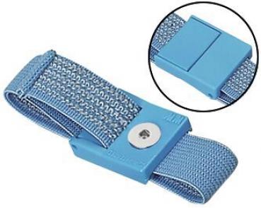 The image shows a blue bracelet made of a flexible fabric. It has a smooth clasp with a round snap button. Next to the bracelet, there is an enlarged view of the clasp.