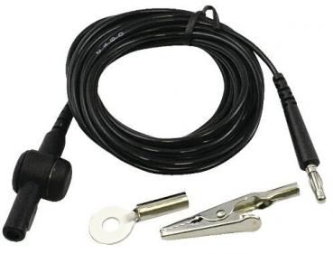 The image shows a black cable with a round end and a plug on one side. On the other side, there is a clamp and a ring connector for attachment.