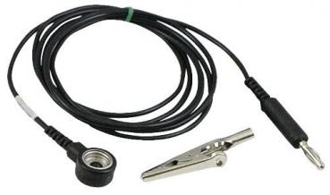 The image shows a long black cable with a round end that has a connector, and a metal clip. The clip is suitable for clamping and is located at the other end of the cable.