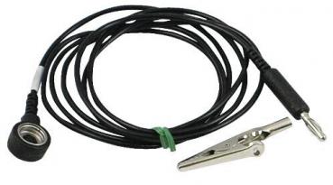 The image displays a thin, black cable with a clip on one end and a round connector on the other. The clip is silver-colored and metallic, while the connector has a closed shape.