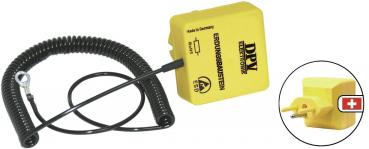 The image displays a yellow electrical device with a spiral cable. It is square and has a connection for a Swiss socket. A small circle illustrates the plug concept.