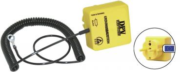 The image displays a yellow, square device with a long, spiral cable. A small plug is visible, which is used to operate the device. A section shows the plug socket.