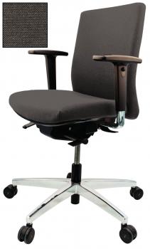 The image shows a swivel office chair with a gray, upholstered seat and backrest. The armrests are made of wood, and the chair is mounted on a chrome base with casters. In the corner is the fabric pattern of the cover.