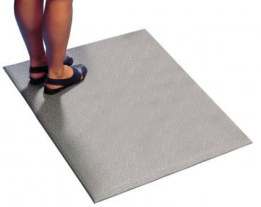 In the picture, two feet are standing on a gray, textured mat. The legs are slightly bent, and the feet are wearing open shoes. The mat has a rectangular shape.