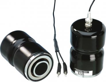 The image shows two black, round speakers with a glossy surface. They are of different heights and are connected by cables. One has a label with a serial number on it.