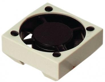 The image shows a small, square fan. It has a black rotor in the center and a light, rectangular frame with four mounting holes in the corners.
