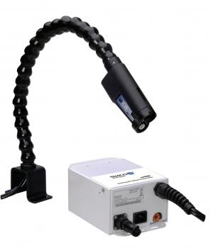 The image shows a device with a flexible neck attached to a base. At the end of the neck, there is a small lamp or camera directed at a work surface.