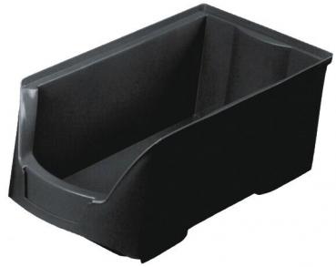The image shows a rectangular, black plastic box without a lid. It has a rounded front edge and a high, one-sided wall. Ideal for sorting or storing items.