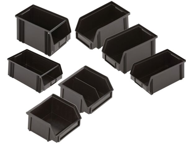 It is a rectangular, black plastic container with open sides and a handle. The walls are slightly textured, and it has a flat bottom surface.
