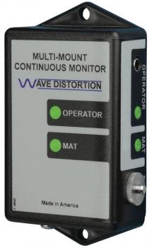 The image displays a rectangular device with a gray front. It has two green light indicators for 