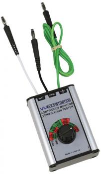 The image shows a security device with a black casing and a yellow label. It has a cable connection to a control box with three buttons that light up green.