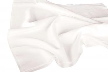 The image shows a white, slightly shiny fabric that is loosely and gently draped. The surface appears smooth and soft, and the folds give it a flowing movement.