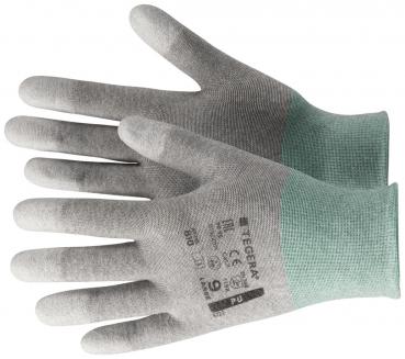 Das Bild zeigt ein Paar Handschuhe mit grauem Obermaterial und einem grünen Bund. Die Handschuhe sind dünn, flexibel und für den Schutz der Hände gedacht.