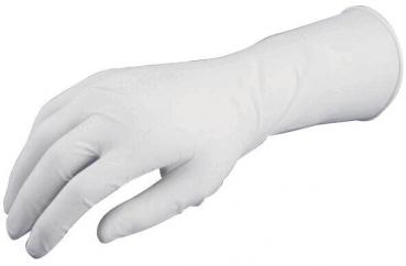 The image shows a blue disposable glove standing upright. The fingertips are curved, and the glove has a smooth, shiny surface.
