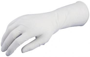 Das Bild zeigt einen weißen Einweghandschuh, der auf einer flachen Oberfläche liegt. Der Handschuh ist leicht gewellt und hat eine anatomische Form, wie eine Hand.
