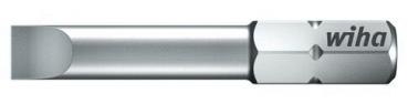 The picture shows a silver flathead screwdriver bit. The "wiha" logo is embossed on the side. The bit has a hexagonal shape at the end for attachment.