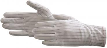 Das Bild zeigt ein Paar weiße Handschuhe mit feinen, hellgrauen Streifen. Die Handschuhe sind leicht geöffnet und wirken alltagsgerecht, zum Beispiel für Gartenarbeit oder Handwerk.