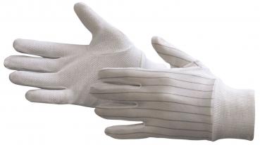 The image shows a pair of white gloves. They are made from a durable material, with fine grooves or patterns for better grip. The fingertips are cut, and the gloves are slightly elastic.