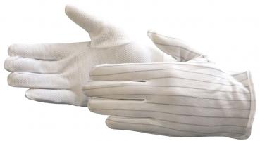 Das Bild zeigt ein Paar weißer Handschuhe mit feinen, vertikalen Streifen. Die Handschuhe sind leicht gefaltet, wobei eine Hand offen ist, als ob sie ausgebreitet wäre.