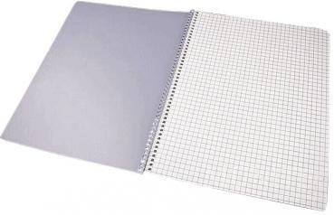 The image displays an open college notebook. The left side is blank and gray, while the right side features a grid pattern with small squares separated by lines.