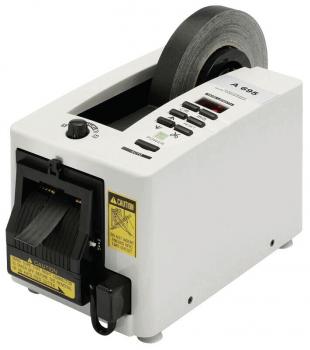 The image shows a white, compact tape dispenser with a roll of tape on top. There are buttons on the front and an opening for tearing off the tape.