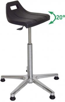 The image shows an adjustable-height bar stool with a black, ergonomic seat and a silver metal frame. The base has five feet for stability. The seat can be tilted by 20 degrees.