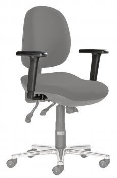 The chair is ergonomic with gray upholstery. It has a high backrest, padded armrests, and a seat. The base has wheels and is height adjustable.