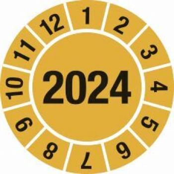 The image displays a circular graphic in yellow with the number "2024" at the center. Around the number, the digits 1 through 12 are arranged in ascending order.