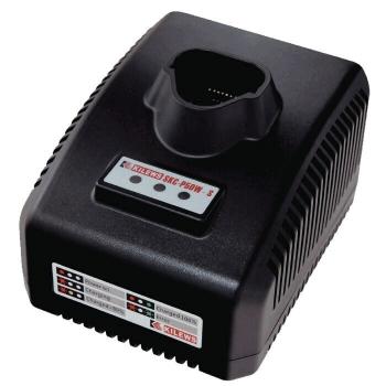 The image shows a black charger with a wide, flat base and a round opening on top. It has an indicator light and several switches on the front.