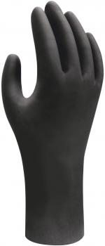 The image shows a black, multi-fingered glove. It is shaped like a human hand with visible fingers and a slightly curved palm.