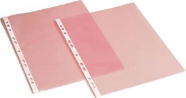 The image shows two transparent, pink document sleeves. They are rectangular with a wide margin on the left side, which has holes for a binder.