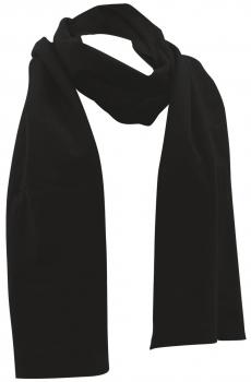 The image shows a long, narrow, black scarf made of soft material. The scarf is even at both ends and drapes gently downwards.