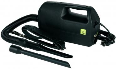 The image shows a black handheld vacuum cleaner with a handle. Attached to the device are a flexible hose and two different attachments used for vacuuming.